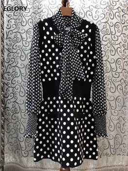 

2020 Spring Casual Sweater Dress High Quality Ladies Bow Collar Polka Dot Print Patterns Long Sleeve Knitted Dress Above Knee