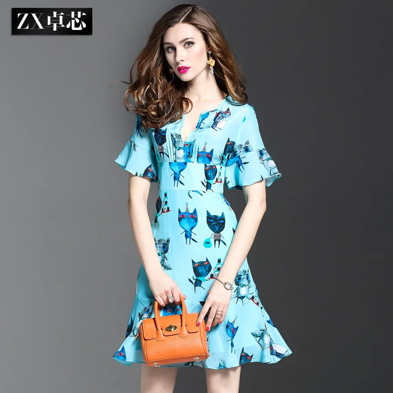 

Baby Blue Print Cat Floral Silk Dresses Women Fashion 2021 Summer Long Casual Sexy Office Work Daily Dress Plus Size Slim Fit A