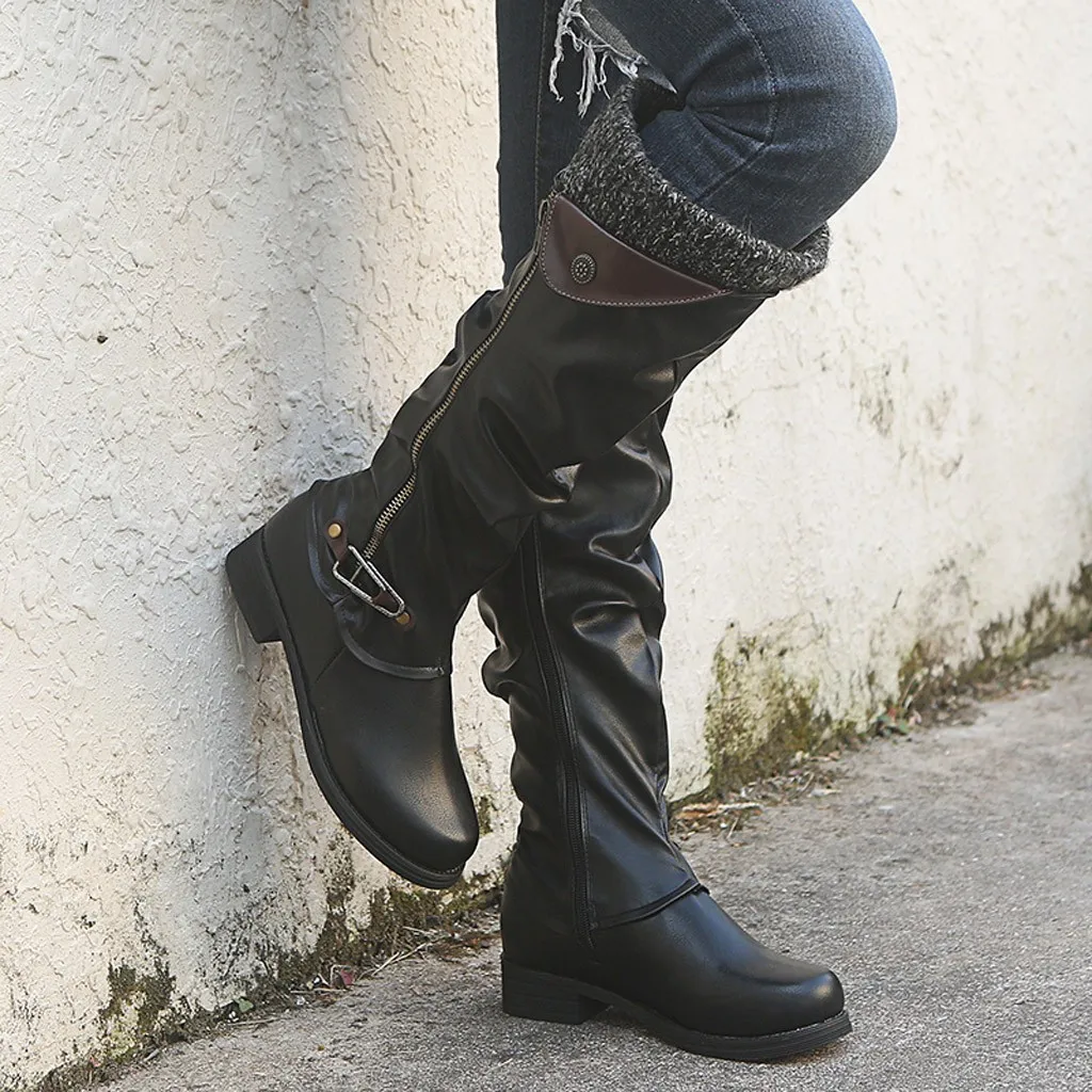 

Women Leather Motorcycle boots punk Side Zip Square Heel High Snow Boots Knee-High Shoes Round Toe Boots zapatos de mujer