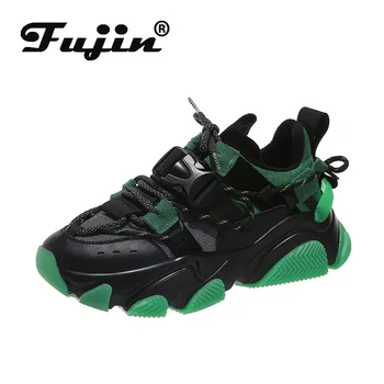 

fujin women sneakers spring autumn women vulcanized shoes lace up night reflection anti skid soft leather 5.5 cm platform shoes
