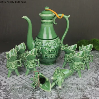 

Celadon Antique Wine Set Set Combination Retro Court Style Flagon Wine Glass Nine Piece Set Green Ceramics Palace Drinkware