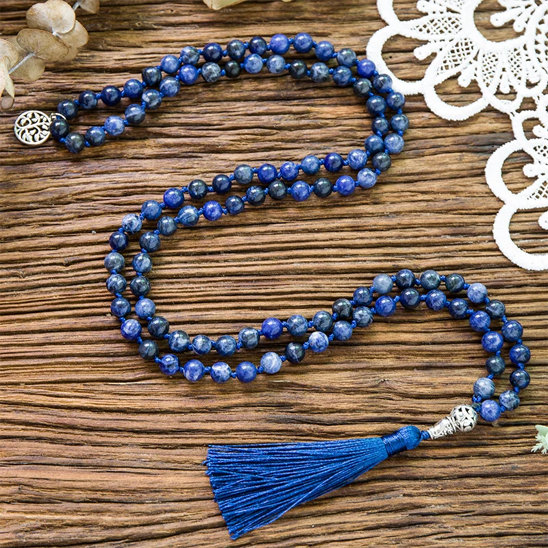 108 Mala Natur Sodalith Lapislazuli Handmade Perlen Knoten Meditation Yoga Jahrestag Big Buddha Kopf Quaste Lange Halskette