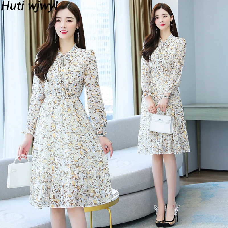 

2023 Spring Autumn New Floral Chiffon Boho Beach Dress Vintage Print Casual Sweet Midi Dress Elegant Women Bodycon Party Vestido