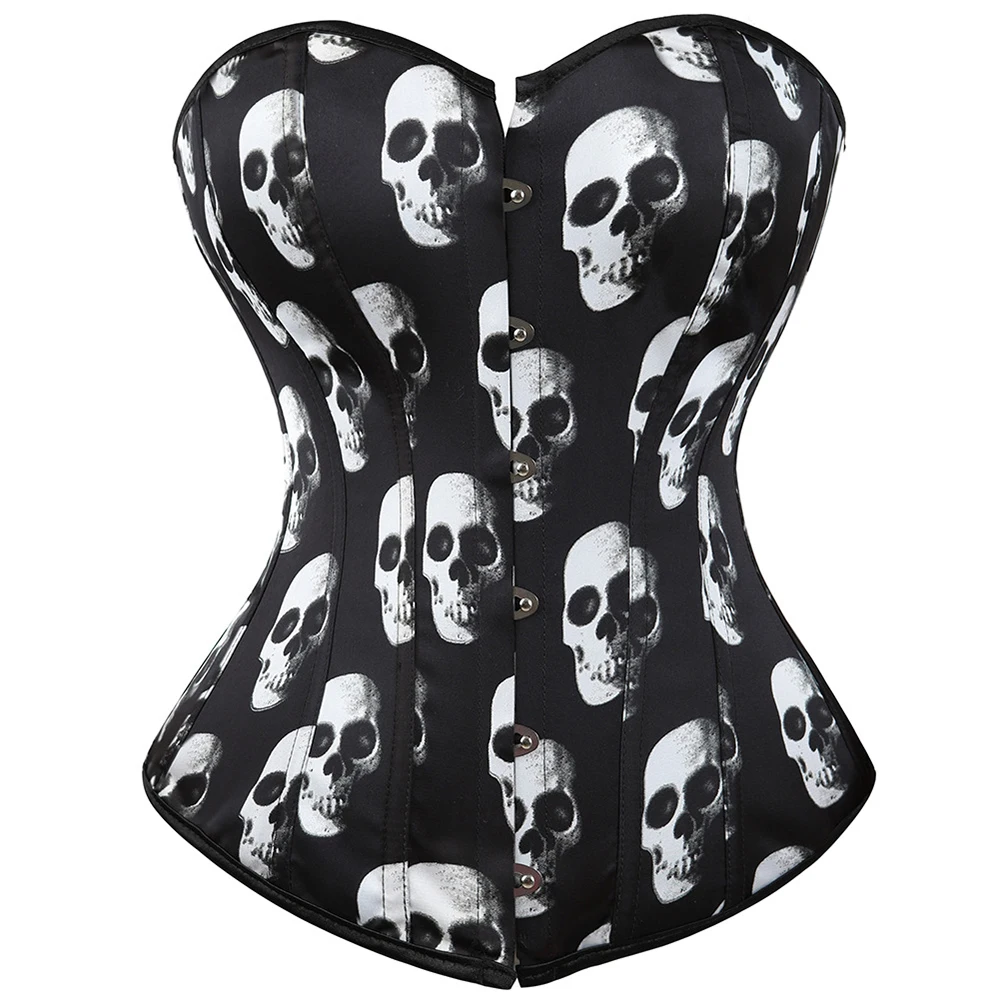 

Sexy Skeleton Skull Print Overbust Corset Bustiers Women Steampunk Waist Training Corset Burlesque Costumes Plus Size Black 6XL