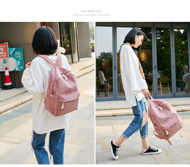 Beibaobao элегантный стиль Мягкий тканевый рюкзак женский вельветовый дизайн школьный рюкзак для девочек-подростков полосатый Женский рюкзак