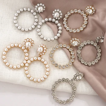 

AMORCOME Trendy Crystal Round Pendant Drop Earrings for Women Fashion Pearl Charm Wedding Earrings Statement Female Jewelry