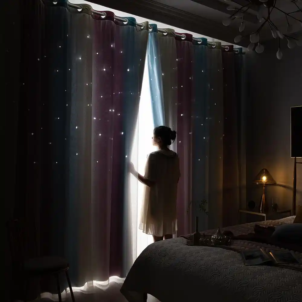 cortina opaca brillante para dormitorio de ninas y ninos visillo para oscurecer las ventanas por completo con estrellas y de color arcoiris