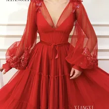 Красные мусульманские Вечерние платья А-силуэта с длинным рукавом v-образным вырезом Тюль исламский Дубай Саудовская Арабский официальный вечерний наряд длинное платье для выпускного вечера