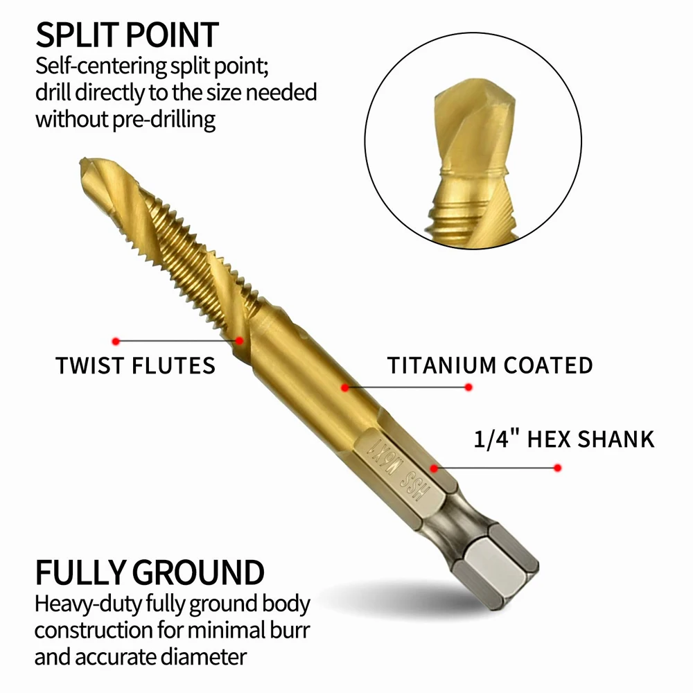 Tap Drill Bit Set Hex Shank Titanium Plated HSS Screw Thread Metric Tap Drill Bits Tapping Countersink M3-M10 Drill Bits hand planer bunnings