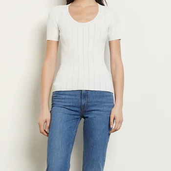 

Women's Black/ White Color Knit Sweater O-neck Stretch Short Sleeve Hollow out Knitted Solid Color Pullover Spring New