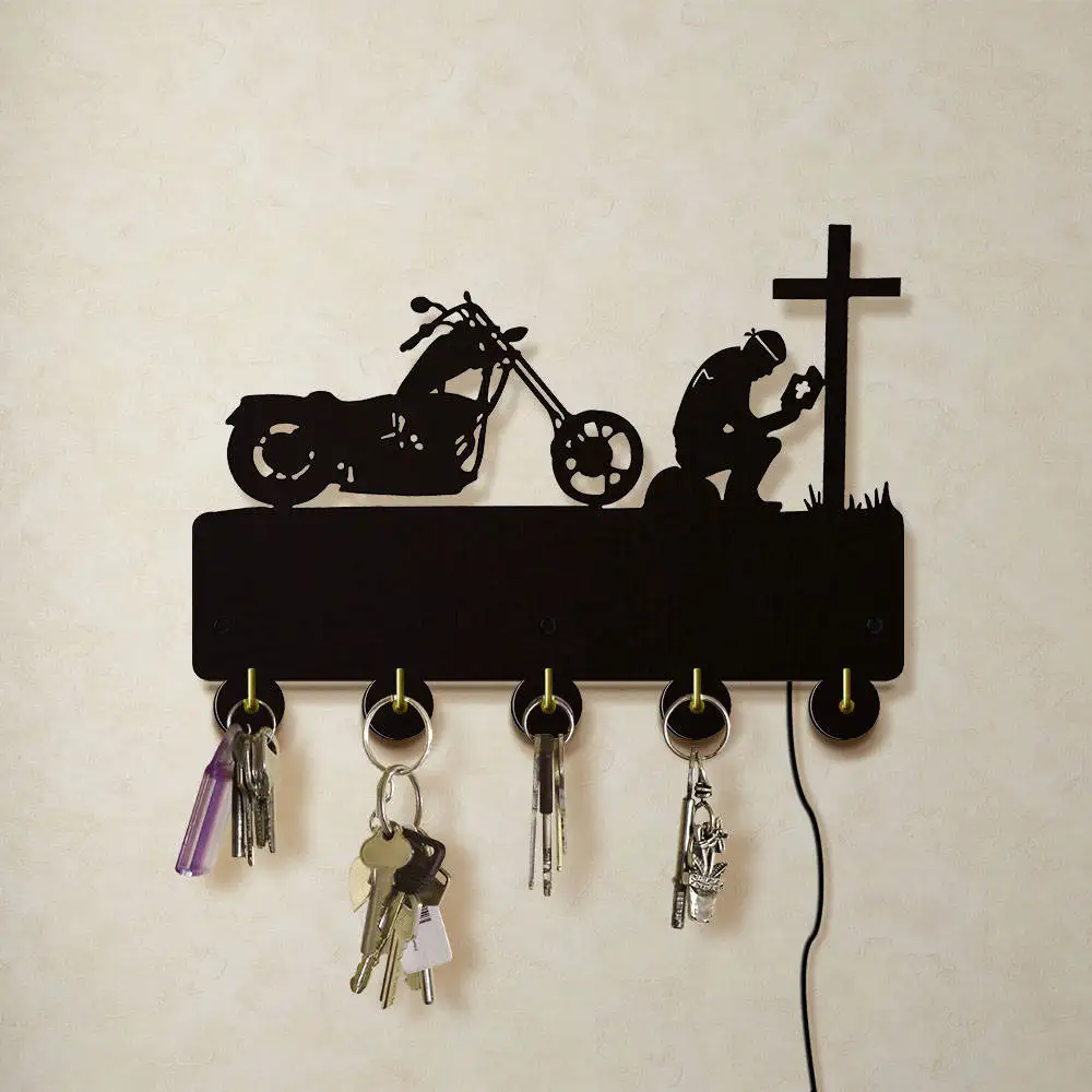 Кристиан Байкер молиться на внедорожный мотоцикл светодиодный освещенный деревянный настенный крючок Ключи Вешалка мотоциклистов держатель полотенец