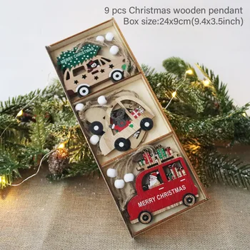 

9pcs/box Christmas Car Wooden Pendants Xmas Tree Hanging Ornaments Christmas Decorations for Home Kids Gift Noel Navidad Decor