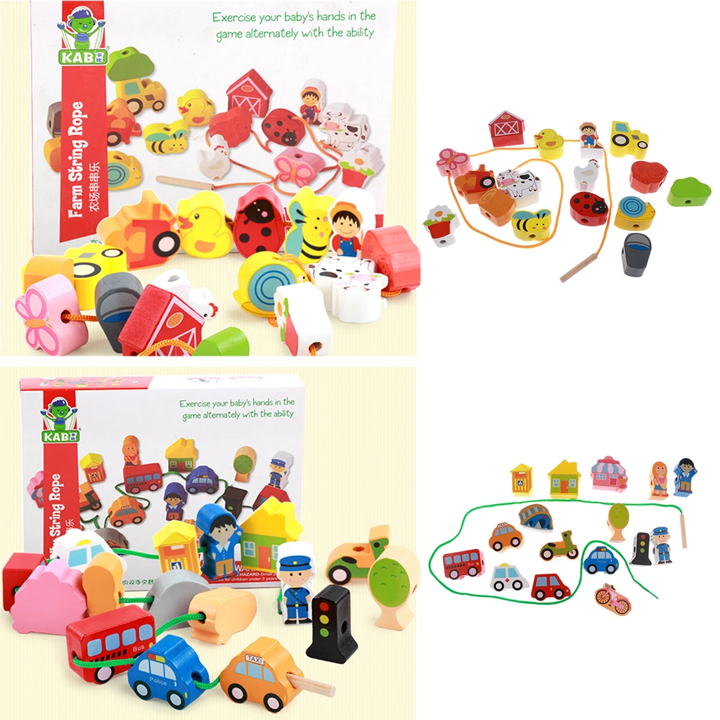 2x Wooden Cartoon Threading Beads Lacing Game Kids Baby Educational Toy Set - Farm and City