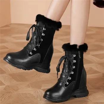 

2020 Winter Fashion Sneakers Women Genuine Leather High Heel Ankle Boots Female High Top Warm Fur Round Toe Platform Pumps Shoes