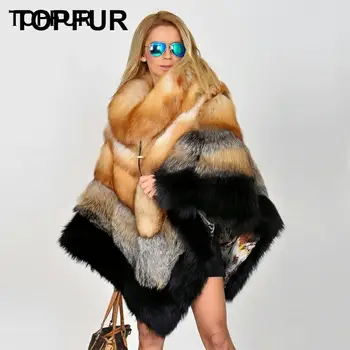 Billige TOPFUR Echt Pelzmantel Frauen Natürlichen Fuchs Pelz Cape Frauen Cape Schal Real Rot Fuchs Pelz Cape Schal Fledermaus Ärmeln Fuchs Pelz Cape Streetwear