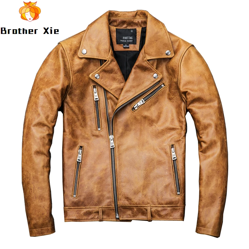 

2020 Vintage Men's Yellow Genuine Leather Jackets Oil Wax Motorcycle Jackets 4XL Cowhide Biker Coat for Male