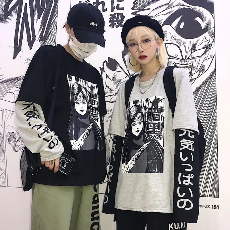 

Aolamegs Fake 2 Pieces T-shirts Men Japanese Anime Print Long sleeve Tees Autumn Harajuku Punk Patchwork Loose Casual Streetwear