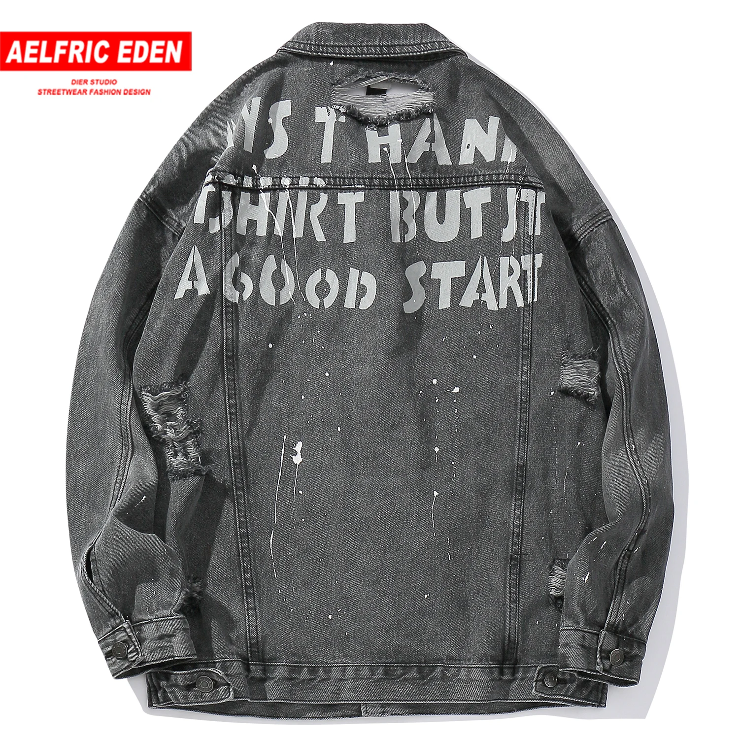 

Aelfric Eden Letter Printed Hole Men Denim Jackets 2019 Autumn Harajuku Hip Hop Male Long Sleeve Casual Streetwear Coats Outwear