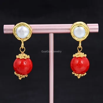 

GG Jewelry Natural White Pearl Red Coral Gold Plated Stud Dangle Earrings