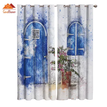 

Blue Door In Watercolor Style Window Curtains Living Room Outdoor Fabric Drapes Curtain Home Decor