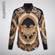 VAGUELETTE, роскошная мужская рубашка с золотым принтом, с длинным рукавом, облегающие черные рубашки, мужские вечерние/сценические/Клубные, модная классическая рубашка M-3XL