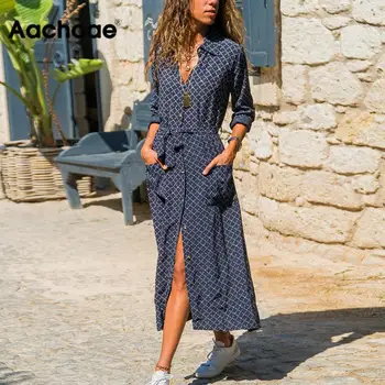 

Women Casual Plaid Print Dress Long Sleeve Pockets Lady Fashion Dresses Sashes Mid Calf Length Sundress Turn Down Collar Robe