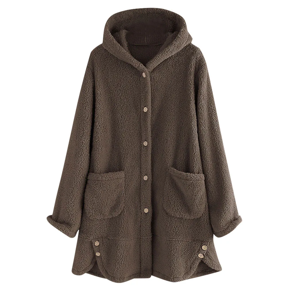 Winter Fashion Women Coat Button Fluffy Tail Tops Hooded Pullover Loose Sweater Oversize Coats Warm Outwear For Female#J30 - Цвет: Brown