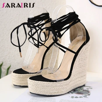 

SaraIris Elegant Solid Ankle Wrap Sandals Women 2020 Summer Platform Sandals Ladies Fashion Party Super High Wedges Shoes