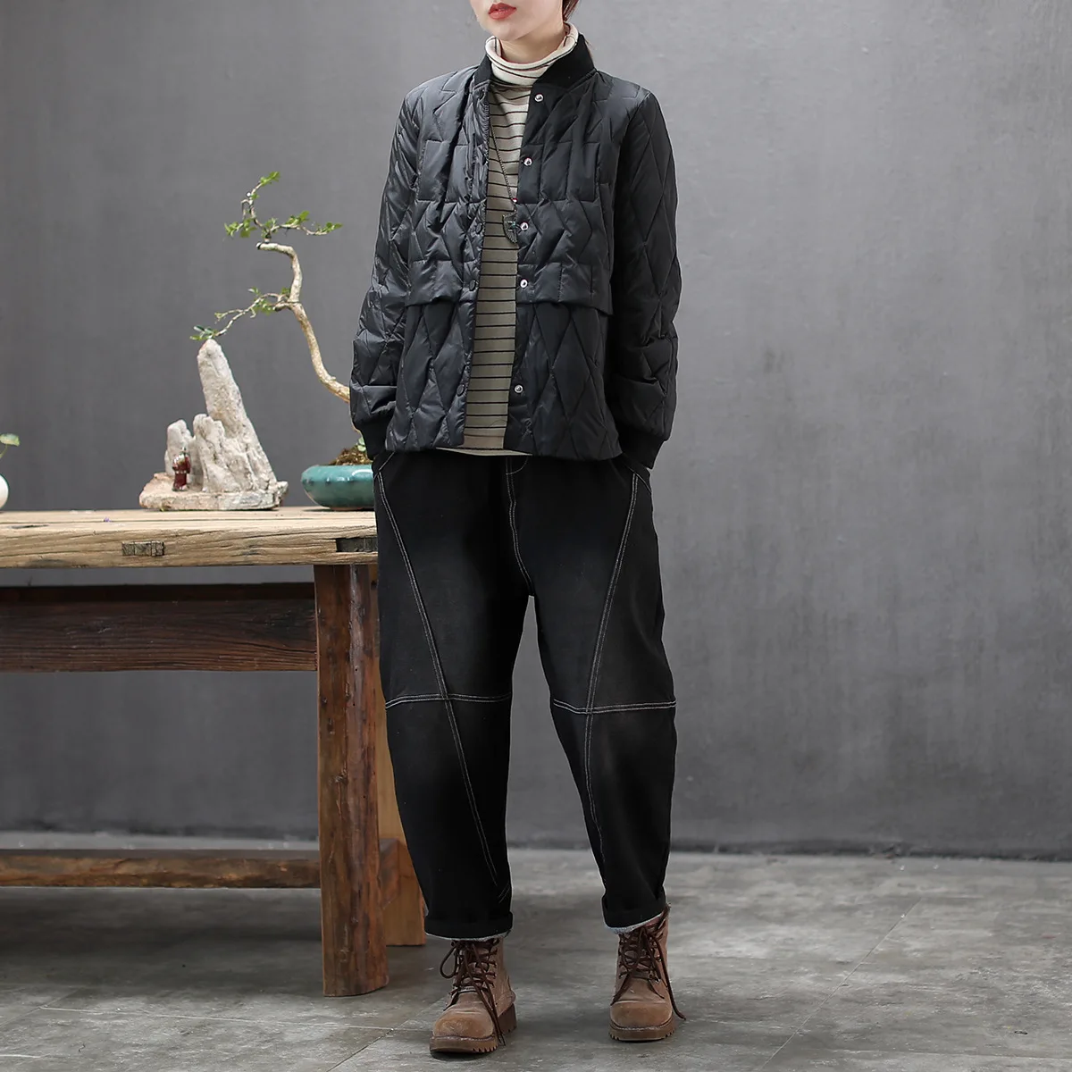 Autumn And Winter New Style Retro Rhombus Slimming Short down Jacket Baseball Cotton Coat Blouses Four Colors