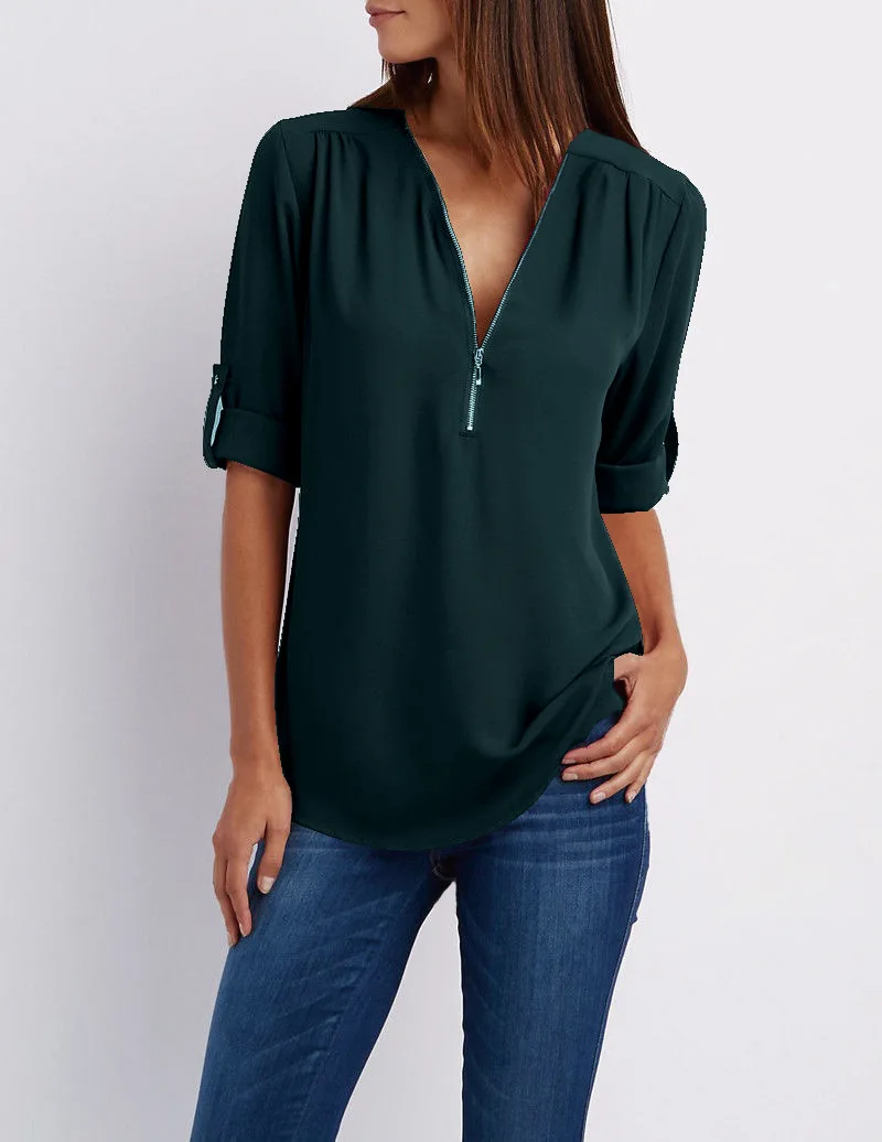 S-5XL Women Chiffon Blouse Casual Half Sleeve V-Neck Zipper Blue Irregular Loose Shirts Summer Autumn Sexy Tops Plus Size Shirts - Цвет: 6186 Dark Green