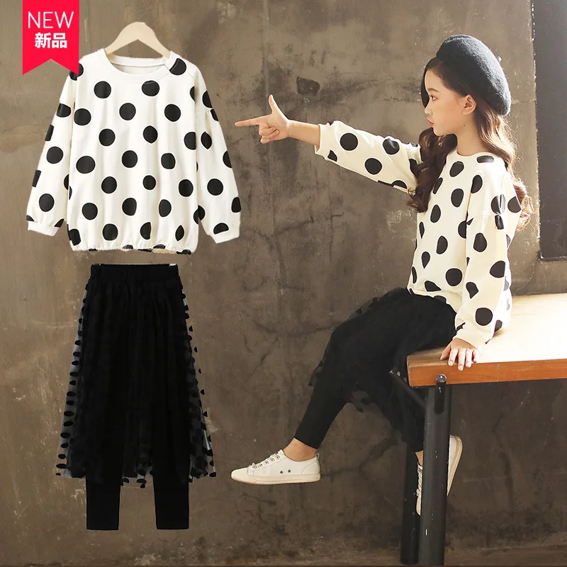 

Girls Spring Clothing 2019 New Style Big Boy Children Polka Dot Set Korean-style Gauze Divided Skirt Two-Piece Set a-Piece Ready