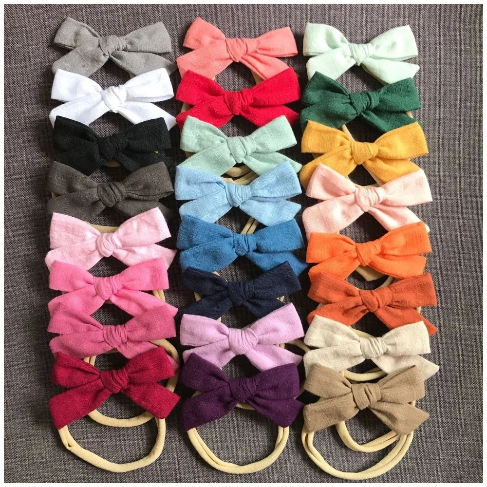 

MengNa Bulk 60pc=15set/lot Solid Cotton Linen Bow Nylon Baby Headband,Handtied Bow for Girls Baby showday Party Hair Accessories