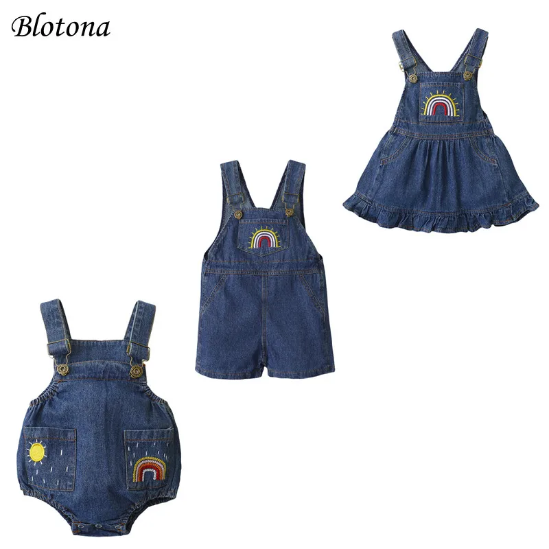 Blotona-Falda vaquera con tirantes para niñas pequeñas, mono y pantalones, ropa bordada con arcoíris a juego, 0-5 años