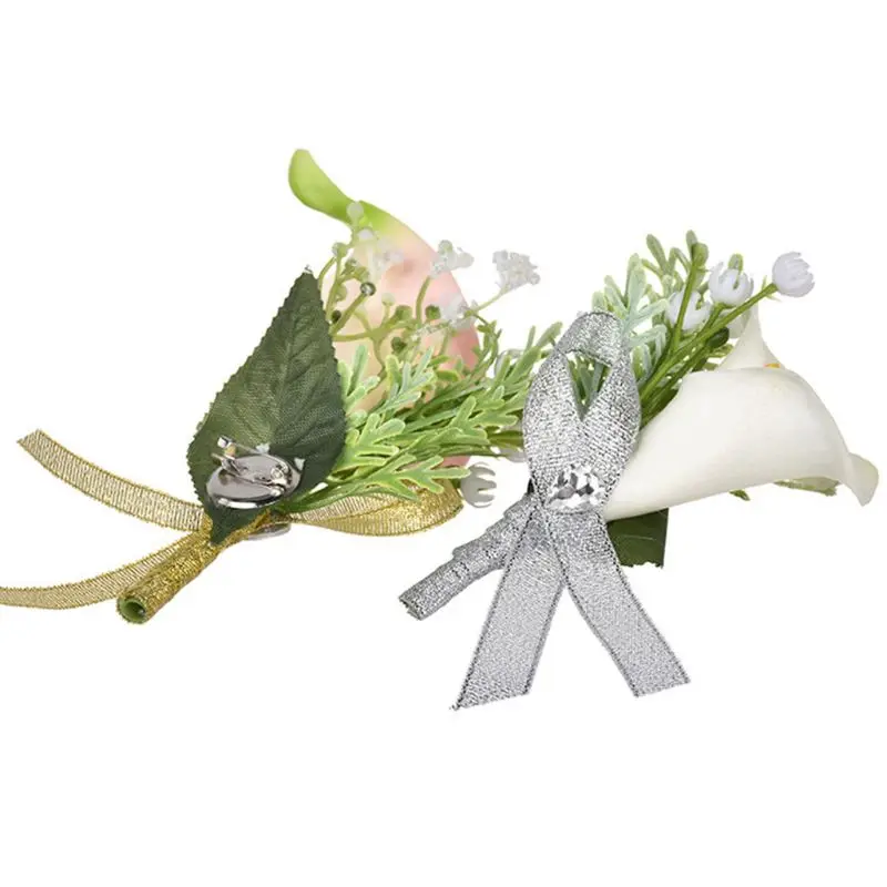 Wedding Bridal Groom Men Calla Lily Brooch Pin Artificial Flower Corsage Rhinestone Ribbon Jewelry Clip-on Boutonniere Decor