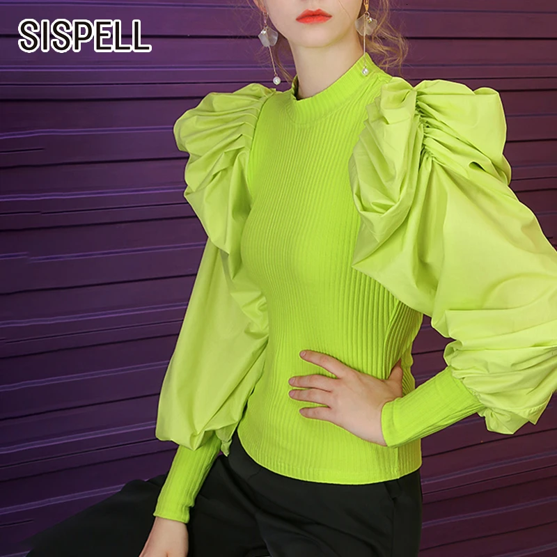 

SISPELL Korean Knitting Women's Sweater O Neck Puff Sleeve Large Size Casual Pullover Sweaters Female 2019 Fashion New Clothes