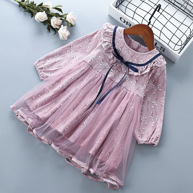 Высококачественное платье для девочек от 2 до 7 лет Новинка года, Осенняя детская одежда с кружевным сетчатым бантом и цветочным узором праздничное платье принцессы для девочек