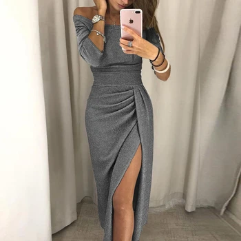 

Formal Dress Women Elegant Long Sleeve Evening Party Dress Solid Off Shoulder Women Dresses Club Dresses Roupa Feminina