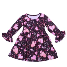 Детские платья на День святого Валентина для девочек; платье из молочного шелка с сердечками; нарядное платье с длинными рукавами для девочек; платье для девочек