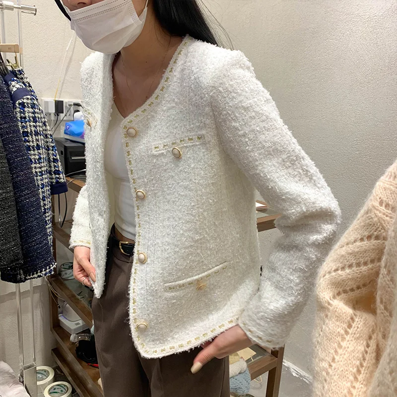

2020 Autumn Sense of Design Non-mainstream Tops Fashion Loose Versatile Long Sleeve round Collar in Black Tweed Coat Female.
