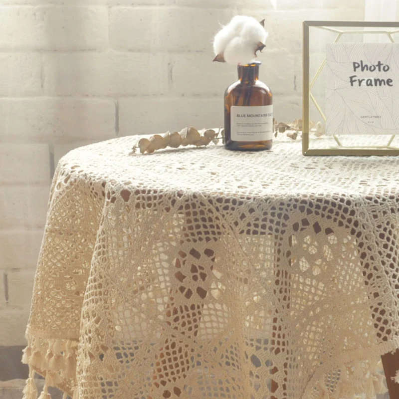  Retro Crochet Lace Tablecloth European and American Style Openwork Handmade Round Tablecloth Table 