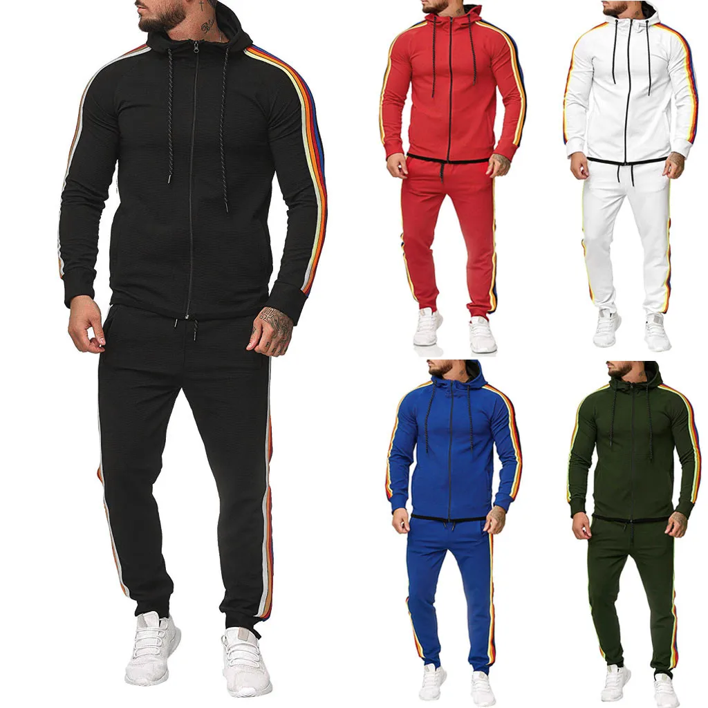 

New Men Set Long Sleeve Hoodies+Pants Mens Autumn Gradient Zipper Print Sweatshirt Top Pants Sets Sport Suit Tracksuit M-5XL