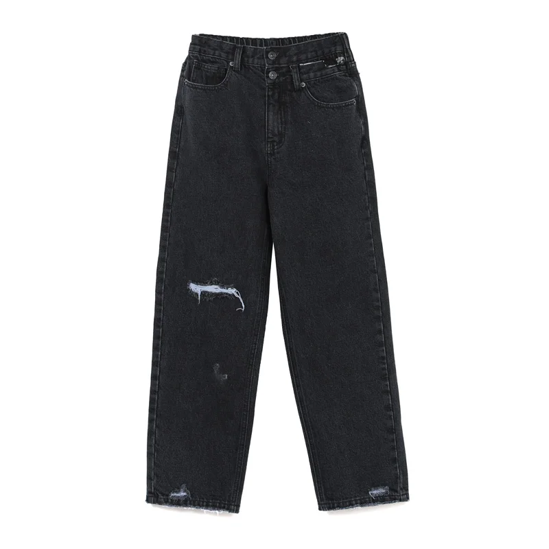 Черный Autumn women's jeans casual solid color hole decoration loose jeans - Цвет: Черный