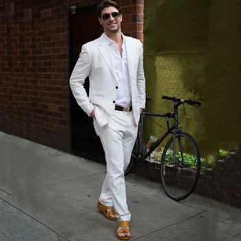 

Ivory Linen Slim Fit Summer Men Suits 2020 Beach Wedding Tuxedos Groom Wear 2 Pieces (Jacket+Pants) Casual Bridegroom Blazer