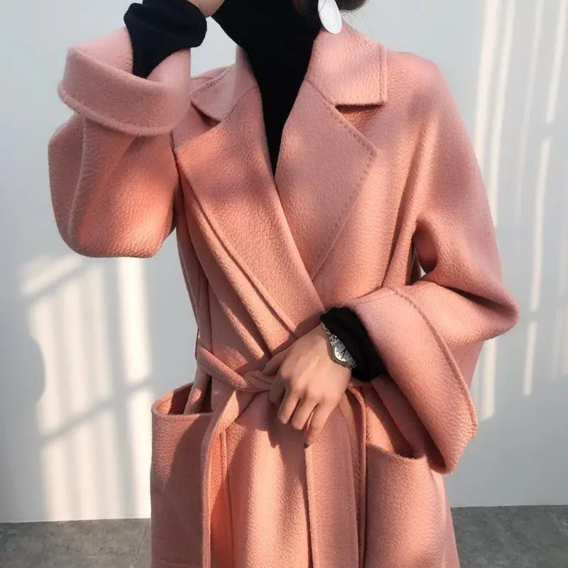 

Luxury Water Ripple Cashmere Coat Women's Winter Mid Long Slim Double Faced Woolen Overcoat 100% Australian Merino Wool Jacket