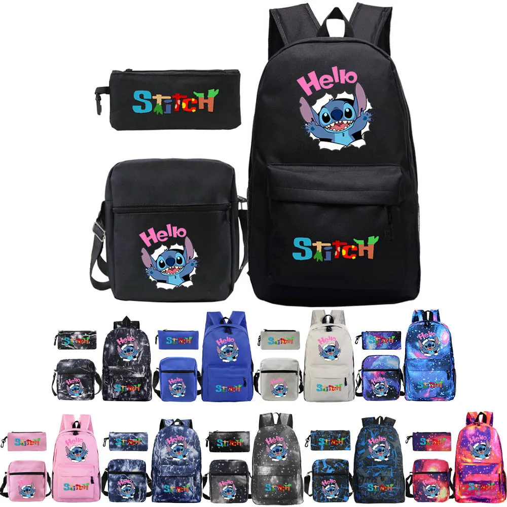 2021 New Stitch Angry Cartoon Print Elementary School Backpack Set Student Schoolbag+Shoulder Bag+Pencil Case Three-Piece Set