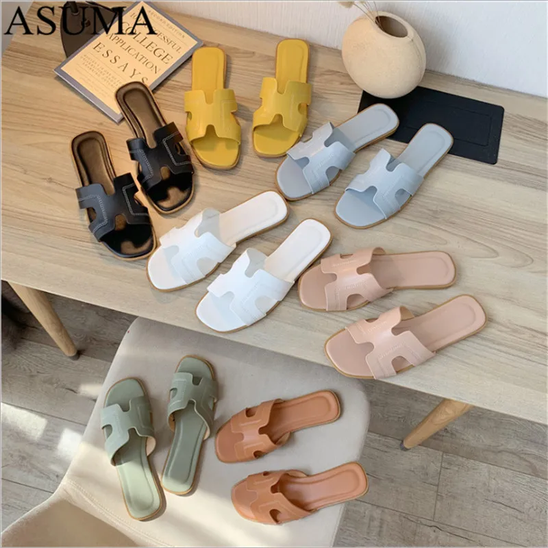 

2019 Summer New Style Korean-style H Type Slippers Simple Fashion Outerwear Versatile Flat A- line Candy Beach Women Sandals