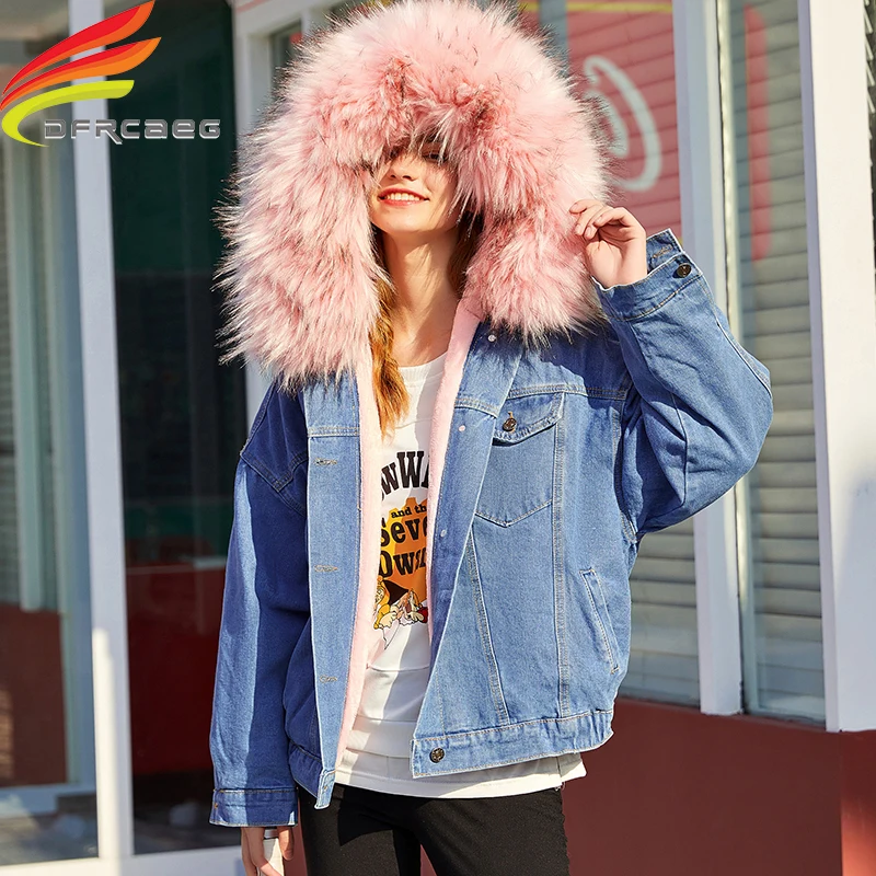 

Hooded Denim Fur Jackets 2019 Winter Coat Women Streetwear Pink Gray White Velvet Thicken Jeans Jacket Women Hot Sale