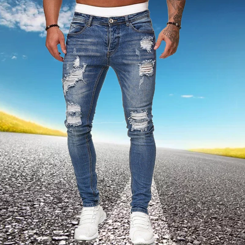 Jeans Skinny strappati da uomo pantaloni a matita con foro Slim Fit blu  pantaloni Casual da motociclista Streetwear 2020 abbigliamento uomo in Denim  di alta qualità|Jeans| - AliExpress