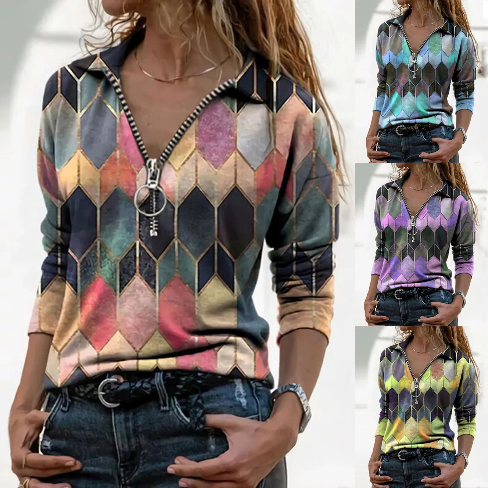 Suéteres de moda para mujer, suéteres informales de manga larga con cremallera, con solapa, estampado geométrico, para otoño e invierno, n. ° 40