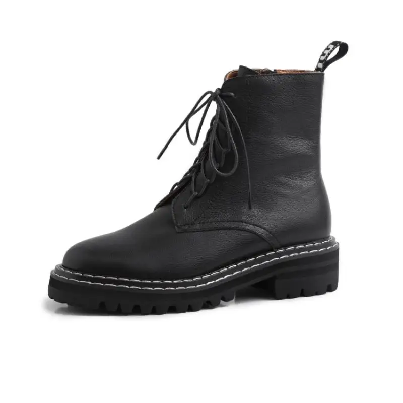 Buono Scarpe/женские брендовые кожаные ботильоны; короткие ботинки с перекрестной шнуровкой; botas Mujer; ботинки из натуральной кожи; Fenimina; Женская обувь в байкерском стиле - Цвет: black